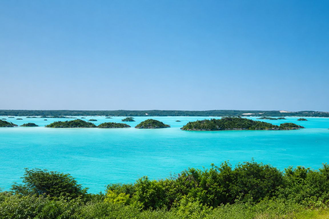 Shallow turquoise lagoon dotted with small limestone cays at Chalk Sound National Park in Providenciales, Turks and Caicos