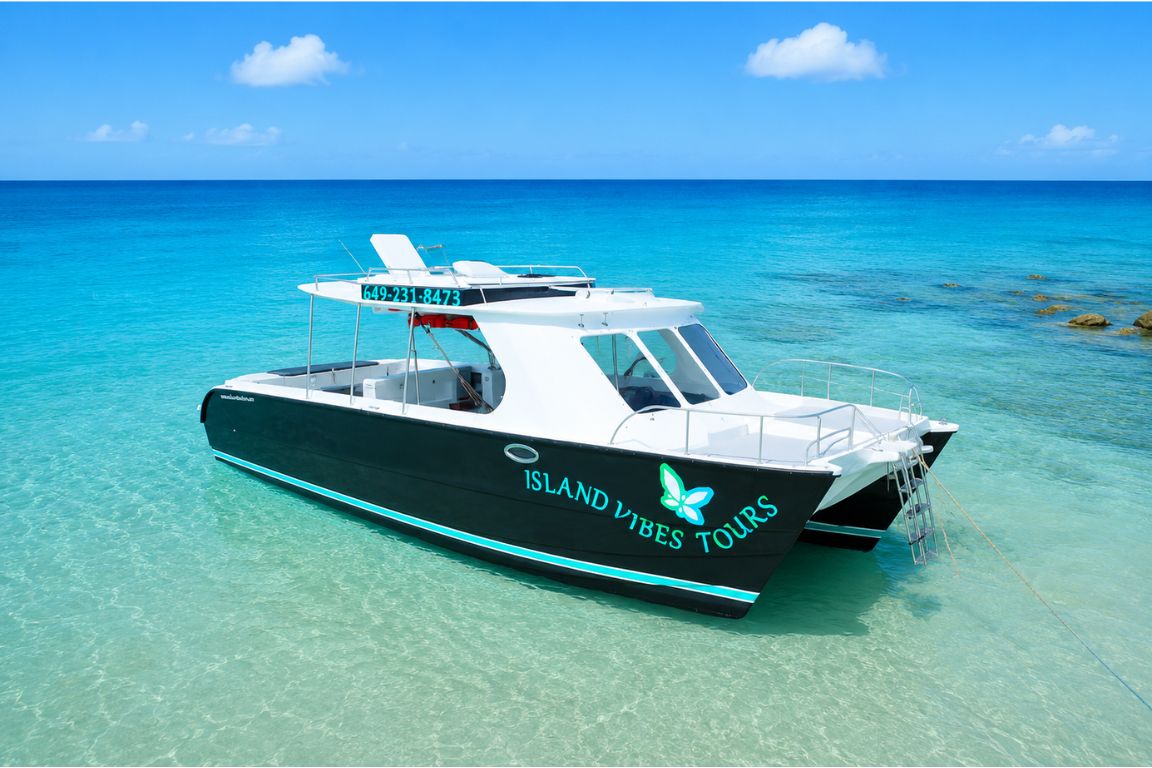 Island Vibes Tours catamaran anchored in crystal-clear turquoise waters during a private boat excursion with Turks and Caicos Tours