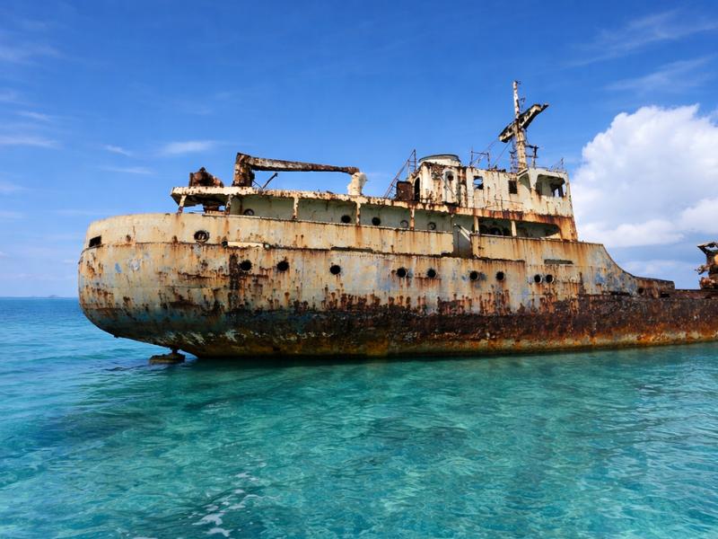 Riders on a guided jet ski tour approaching the rusted hull of the La Famille Express shipwreck off Providenciales, Turks and Caicos