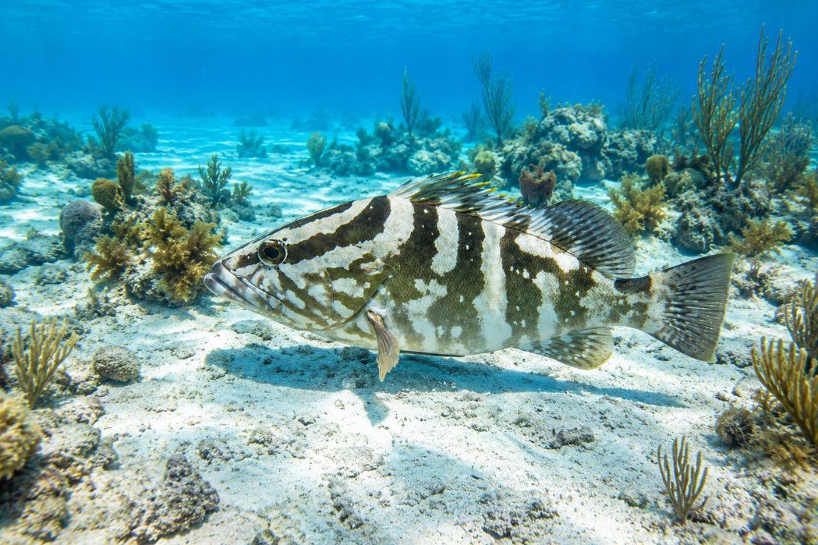 Underwater scene of a Nassau grouper in its natural coral reef habitat experienced during a snorkeling trip with Turks and Caicos Tours