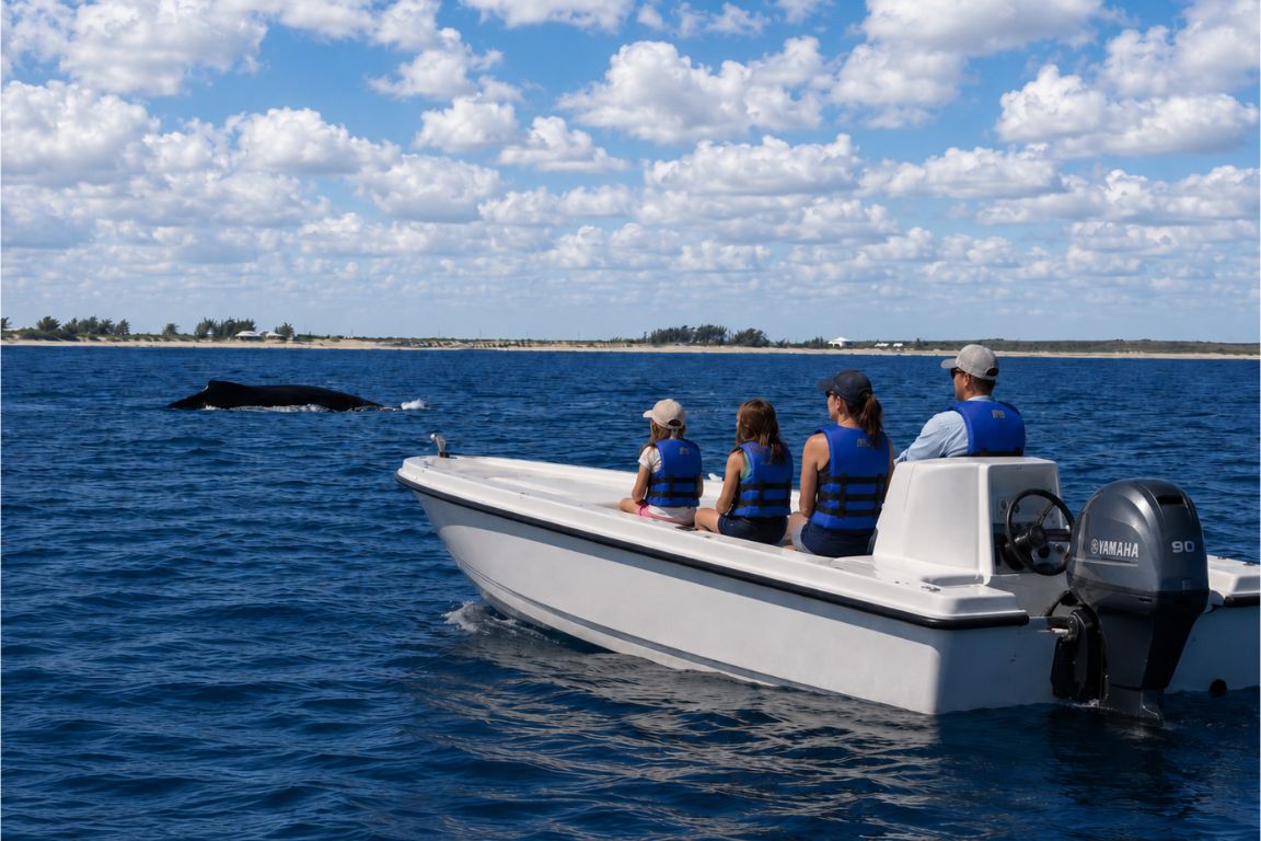 Family enjoying a whale watching excursion near Salt Cay as a humpback whale surfaces during a tour with Turks and Caicos Tours