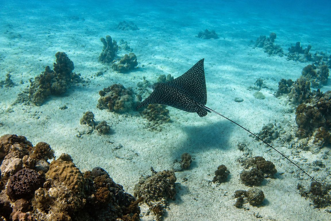 Spotted eagle ray cruising above coral and tropical marine habitat during an unforgettable snorkeling adventure with Turks and Caicos Tours