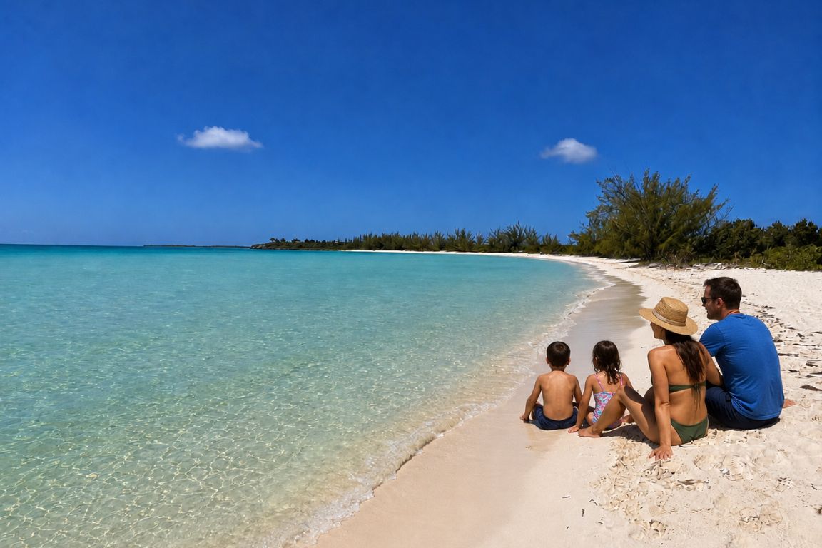 Family admiring the tranquil beauty of Taylor Bay Beach in Turks and Caicos during a sightseeing tour with Turks and Caicos Tours