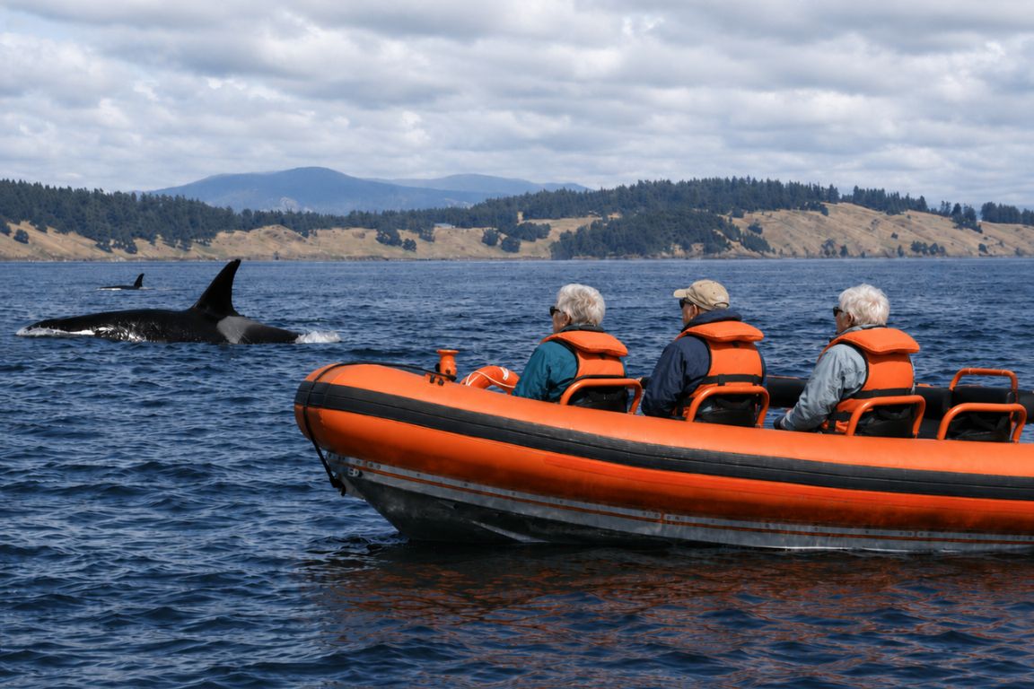 Whale watching adventure featuring guests viewing an orca from a zodiac boat during a guided marine wildlife tour with Turks and Caicos Tours